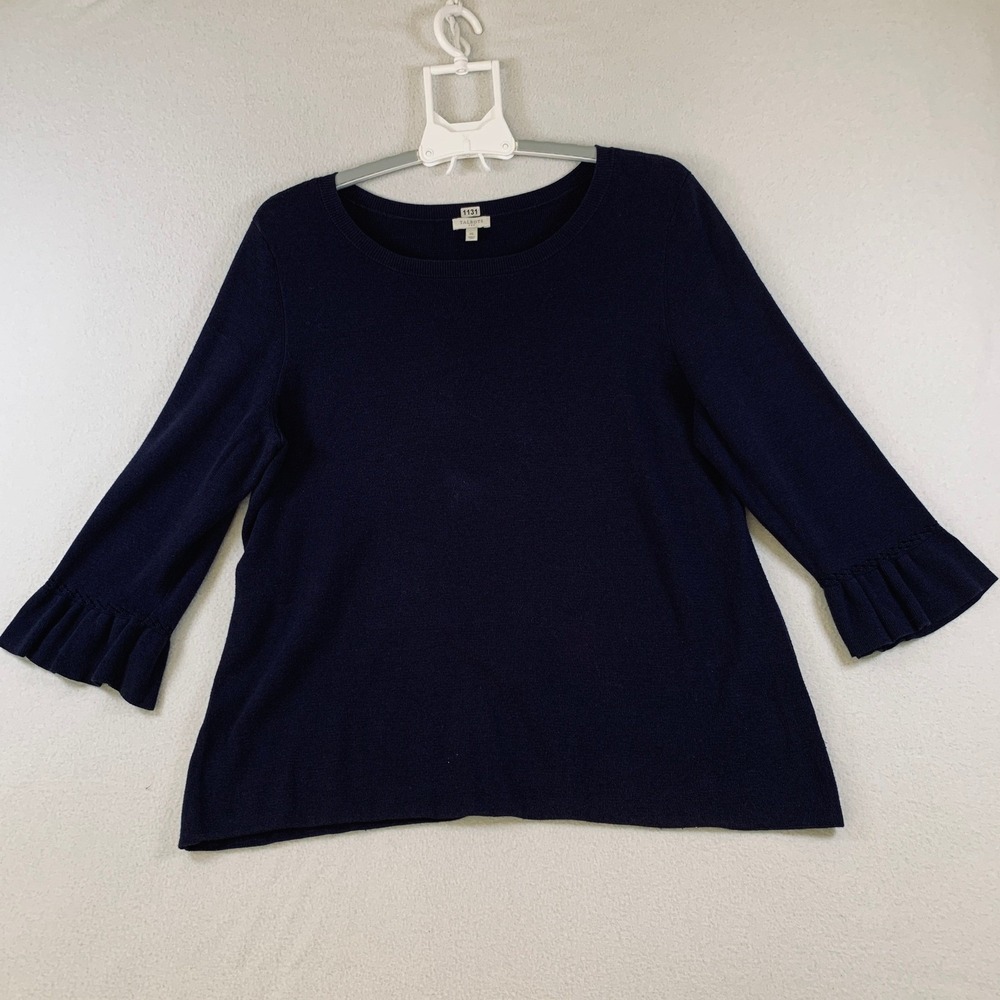 Talbots Women's 3/4 Ruffle Sleeve Pullover Knit Sweater Top Cotton Blend Navy XL